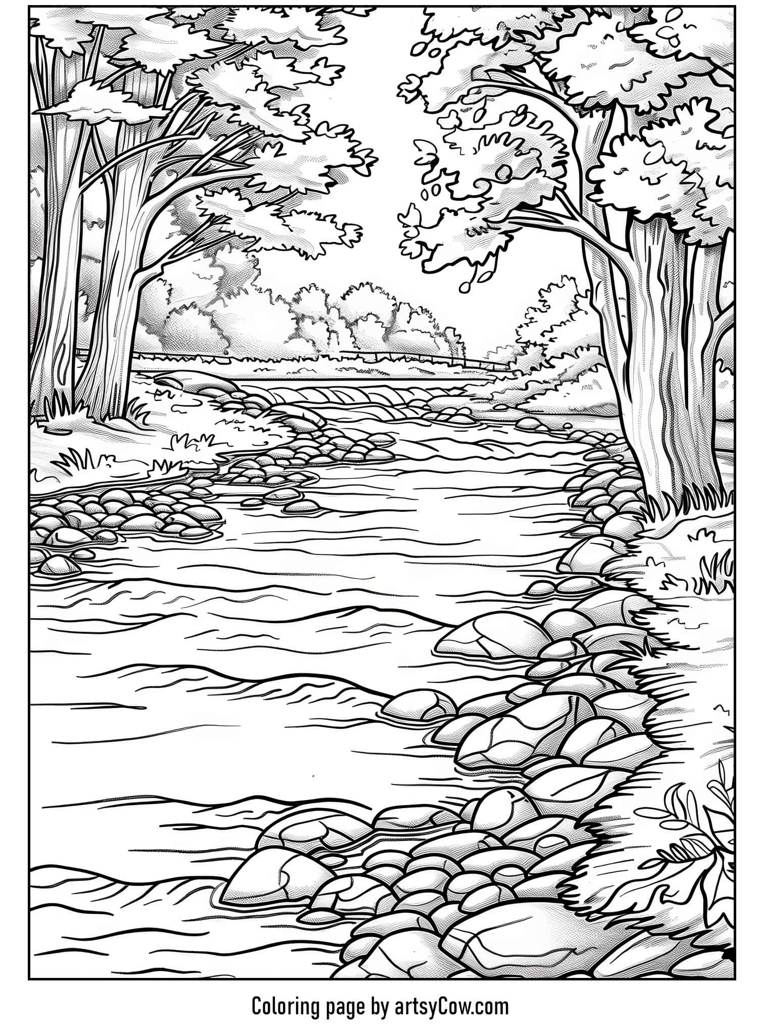 a serene river scene flowing amidst lush trees and stones